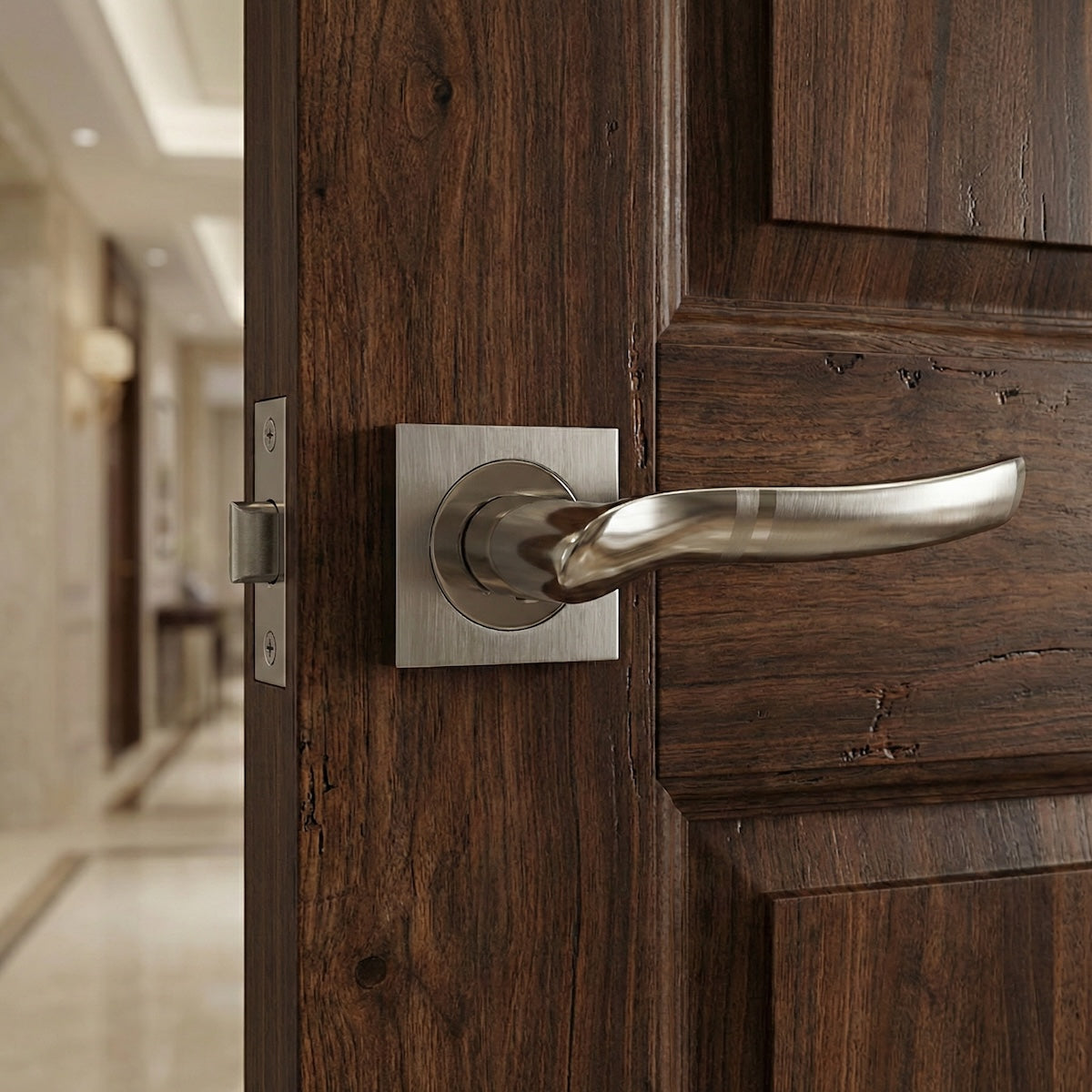 Manilla '230A' de aluminio en níquel combinado con roseta cuadrada para puertas