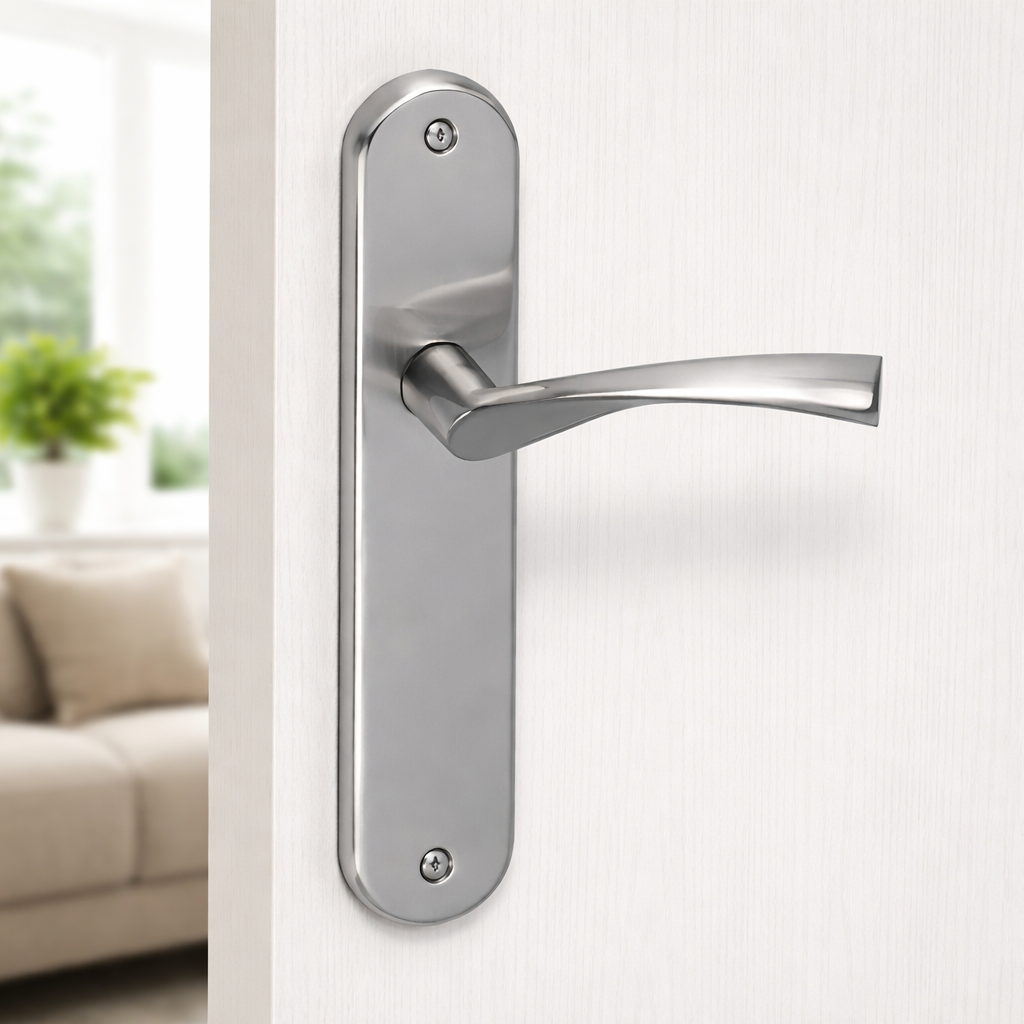 Manilla modelo '130' ola con placa ovalada de zamak para puertas en acabado níquel satinado