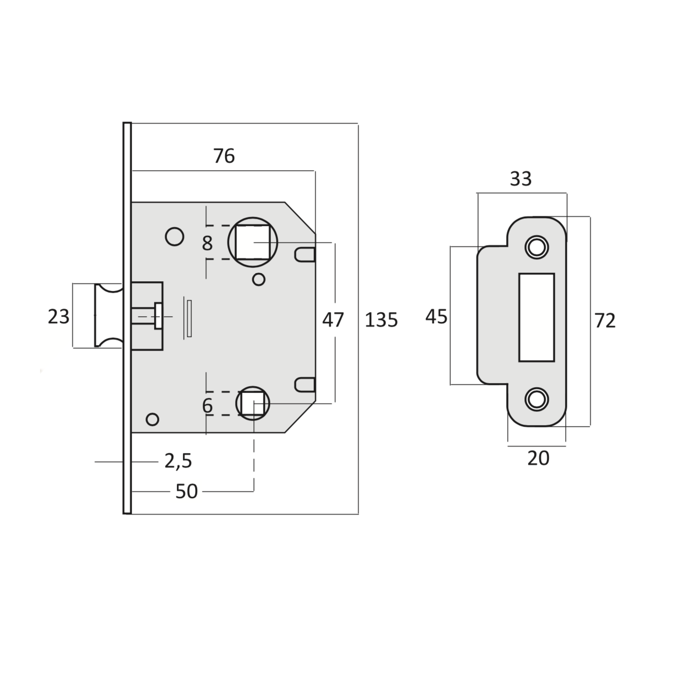 Picaporte unificado reversible entrada 47mm acabado níquel satinado canto redondo