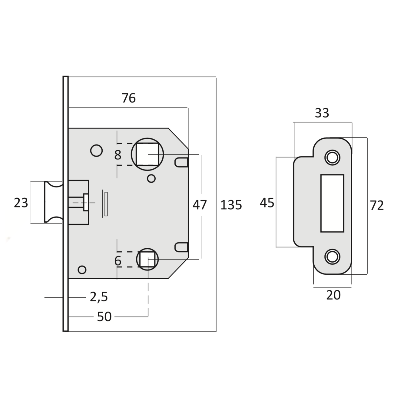 Picaporte unificado reversible entrada 47mm acabado negro canto redondo