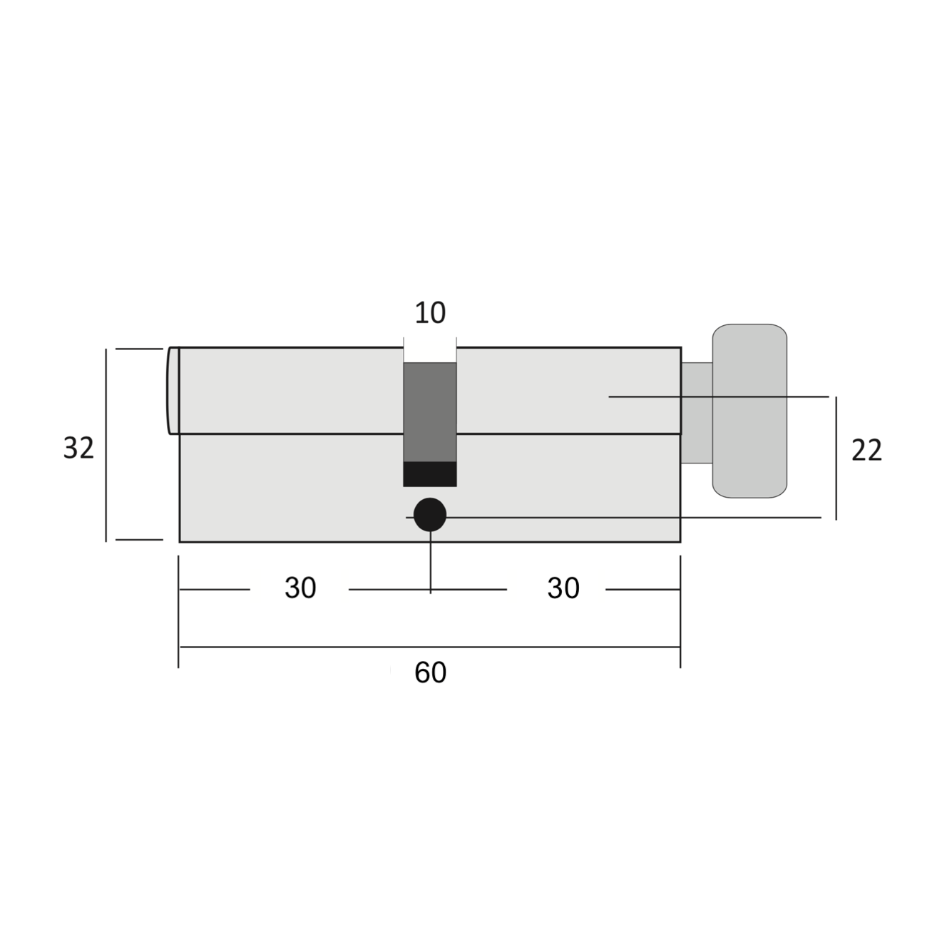 Bombín negro de seguridad con pomo y llave de puntos 30x30