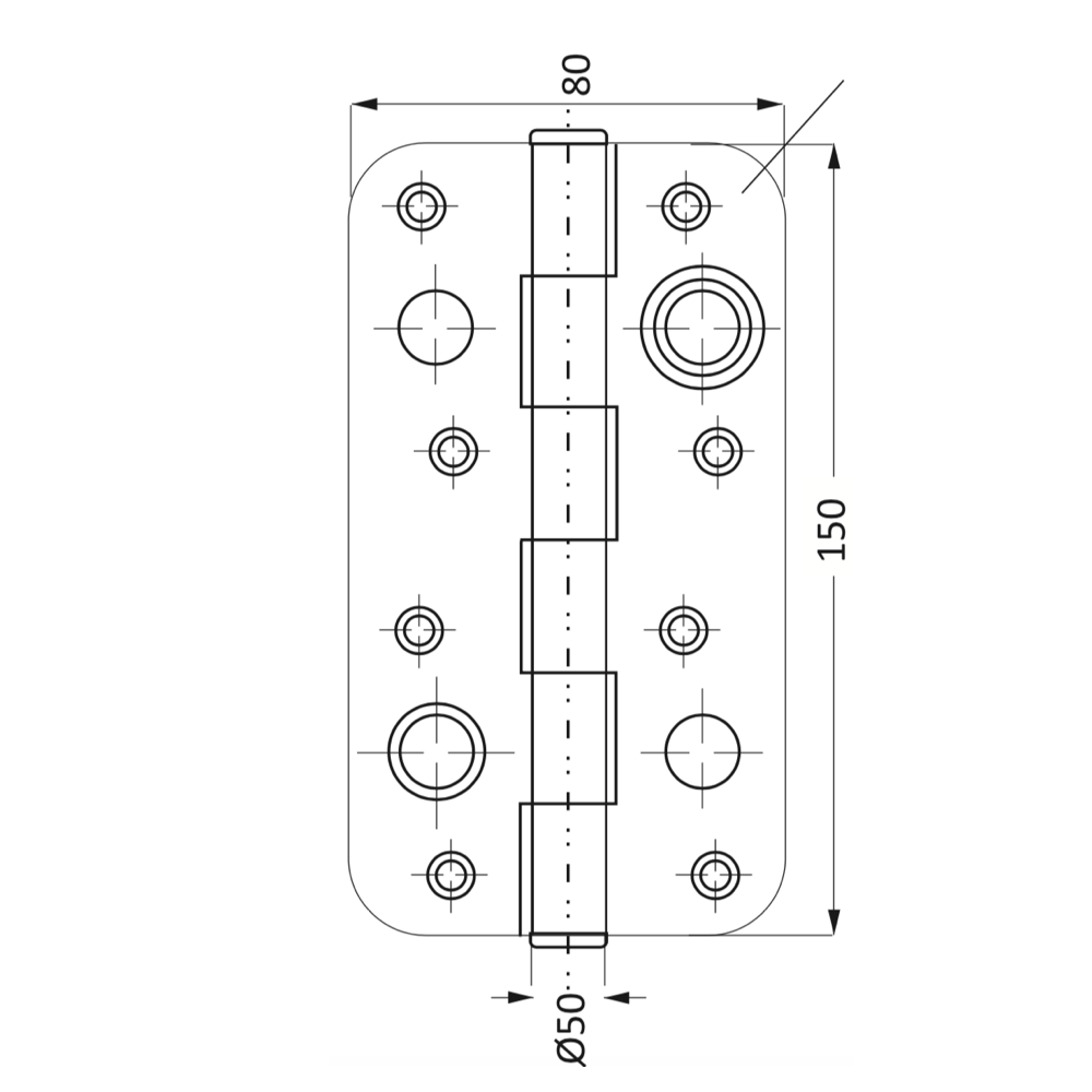 Bisagra especial de seguridad negra con remate canto recto para puerta blindada alto 150mm