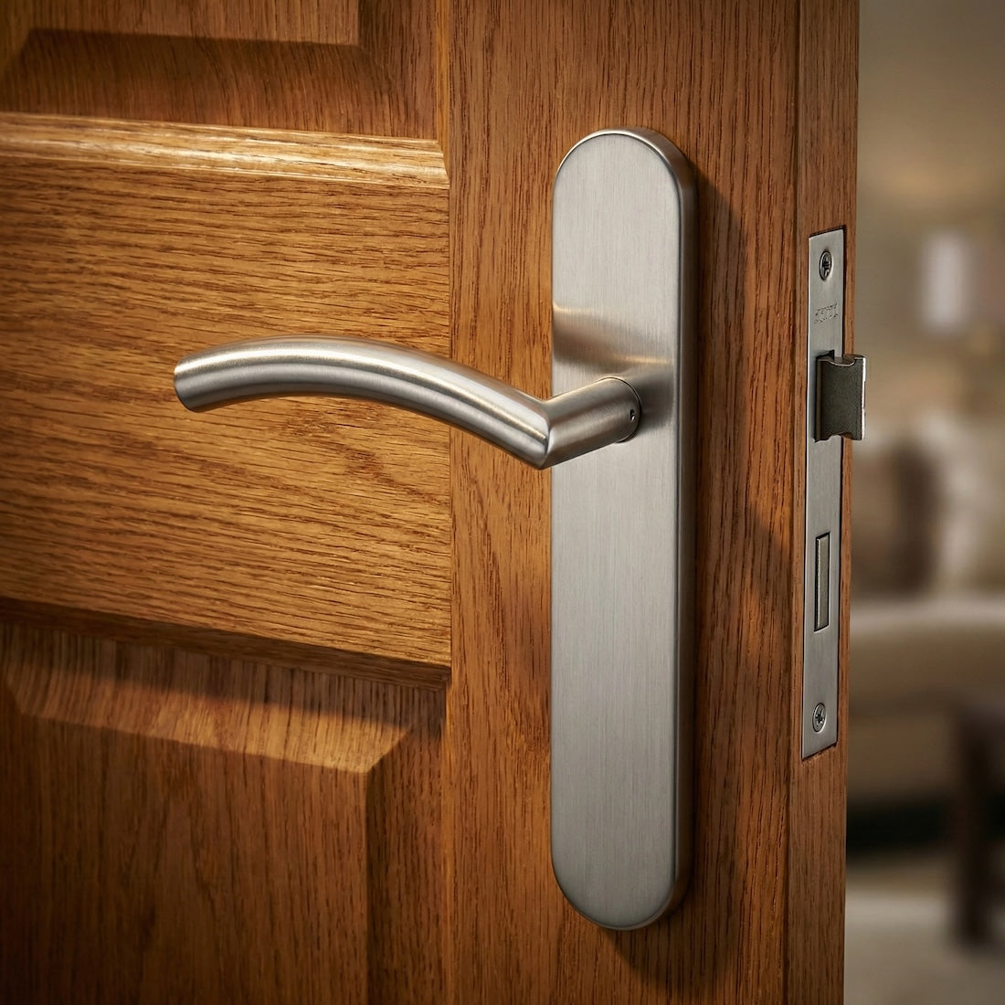 Manilla modelo '703' de acero inoxidable con placa ovalada y tornillos ocultos para puertas