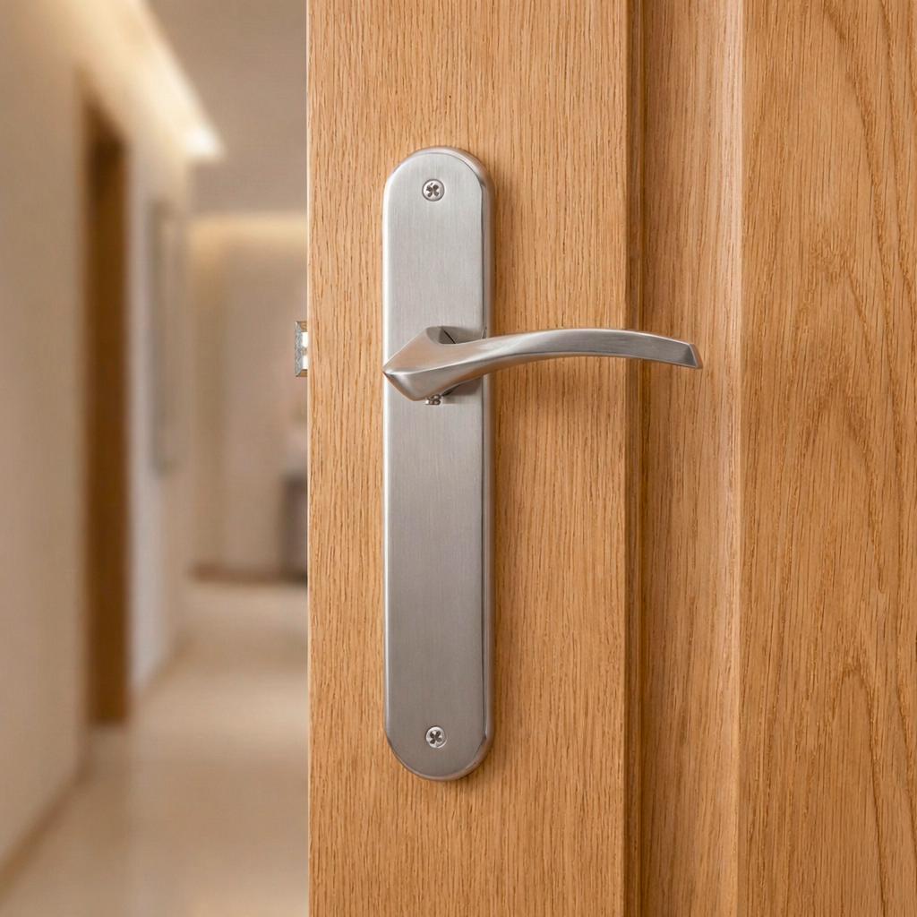 Manilla moderna modelo '1027' con placa ovalada acabado níquel satinado para puertas