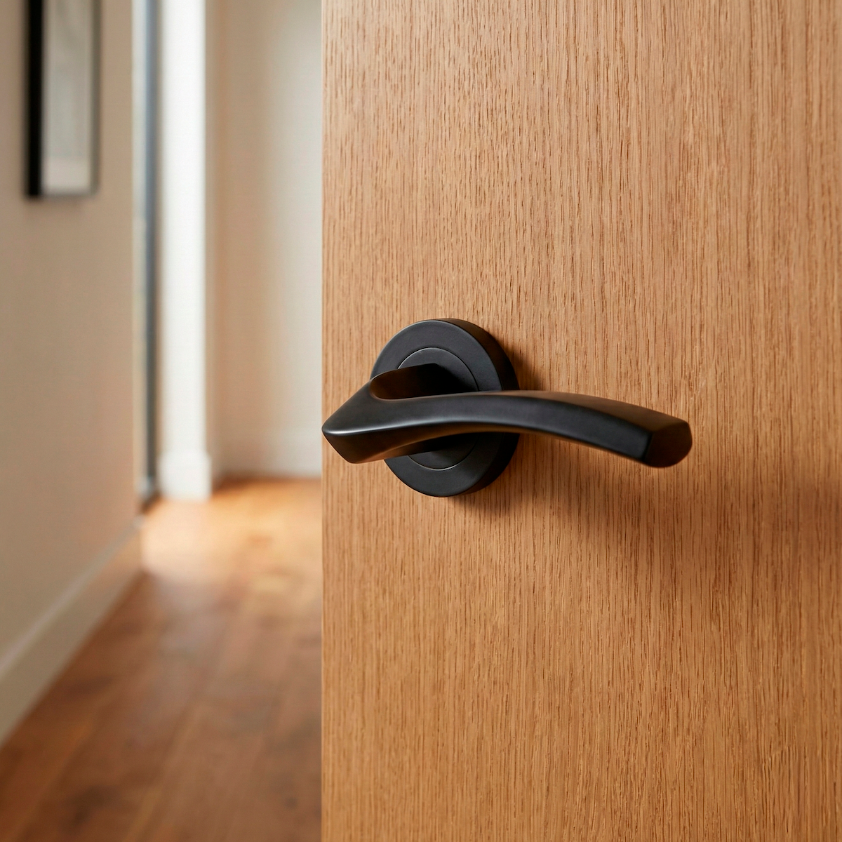 Manilla de aluminio modelo 1027 con roseta redonda en acabado negro para puertas