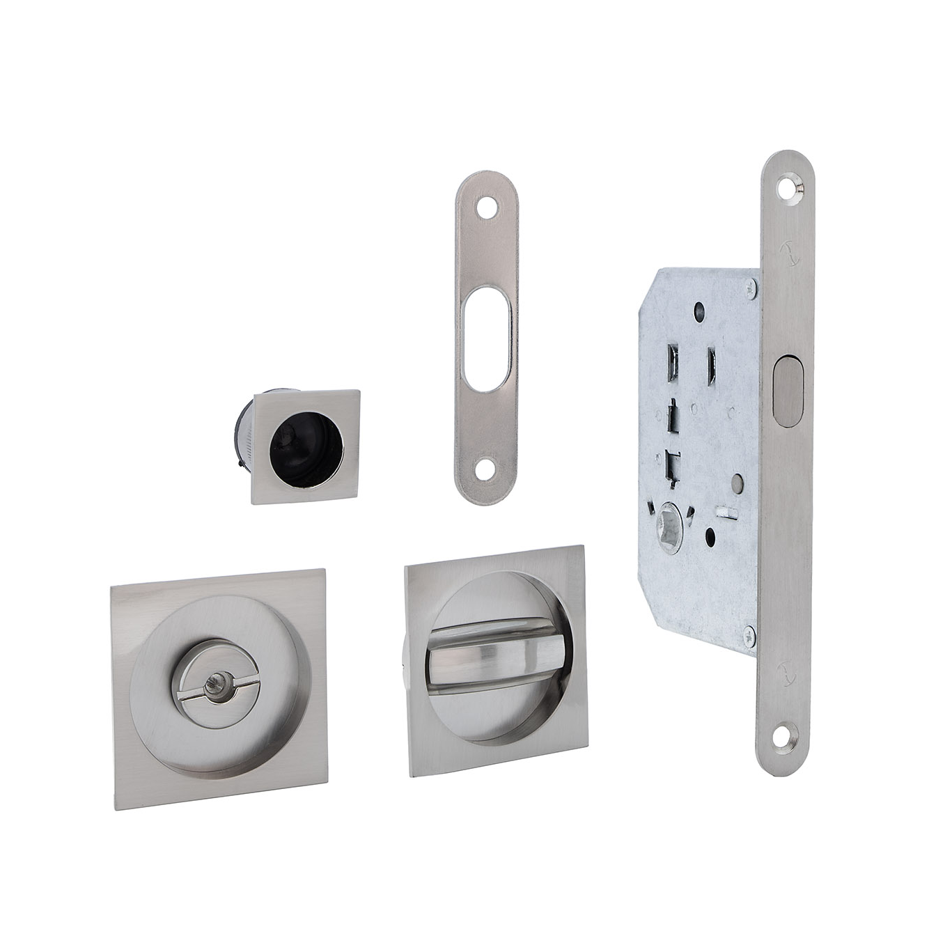 Kit para puerta corredera con condena y uñero cuadrado en acabado níquel satinado