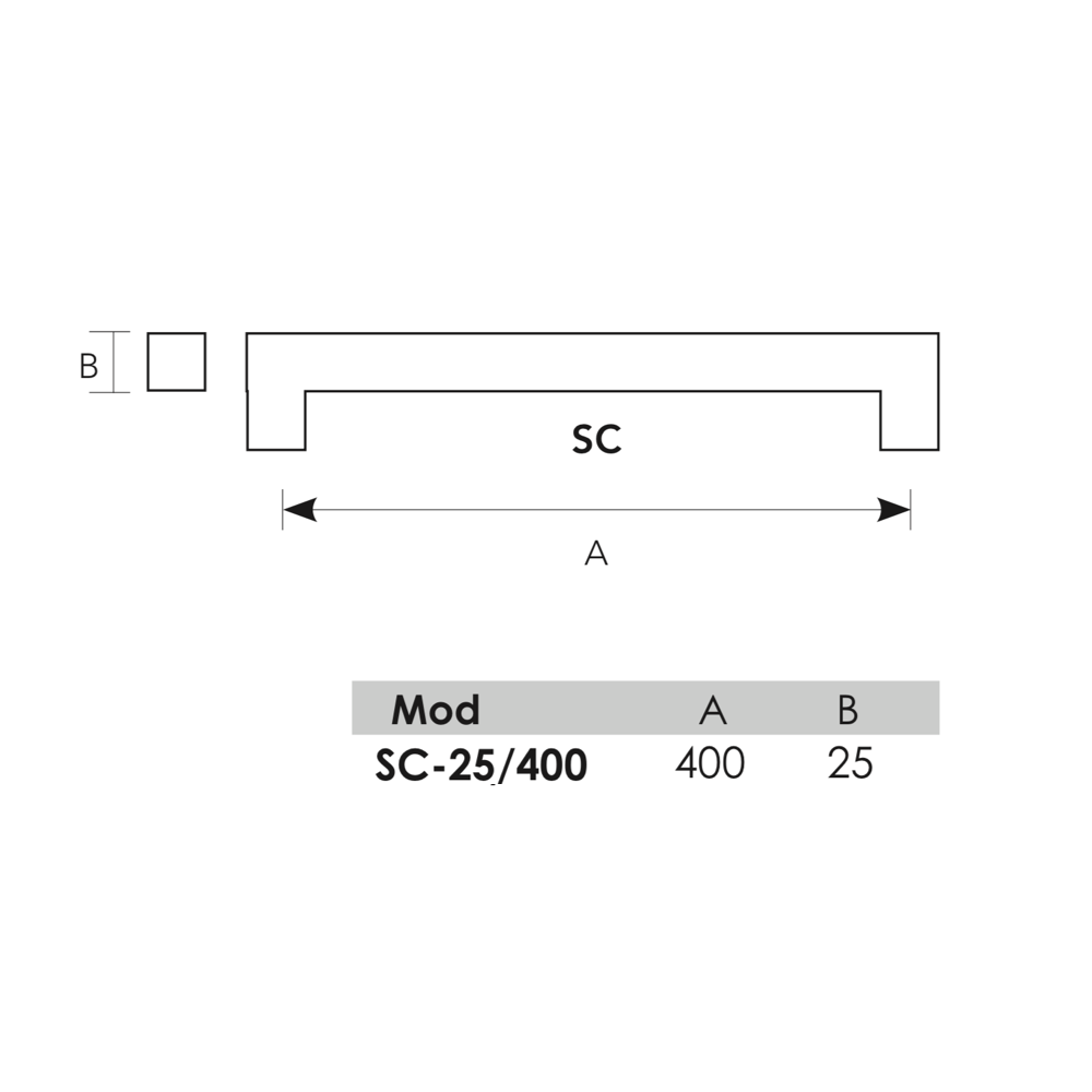 Manillón cuadrado en acero inoxidable para madera y cristal 400mm entre ejes y 20mm de grosor