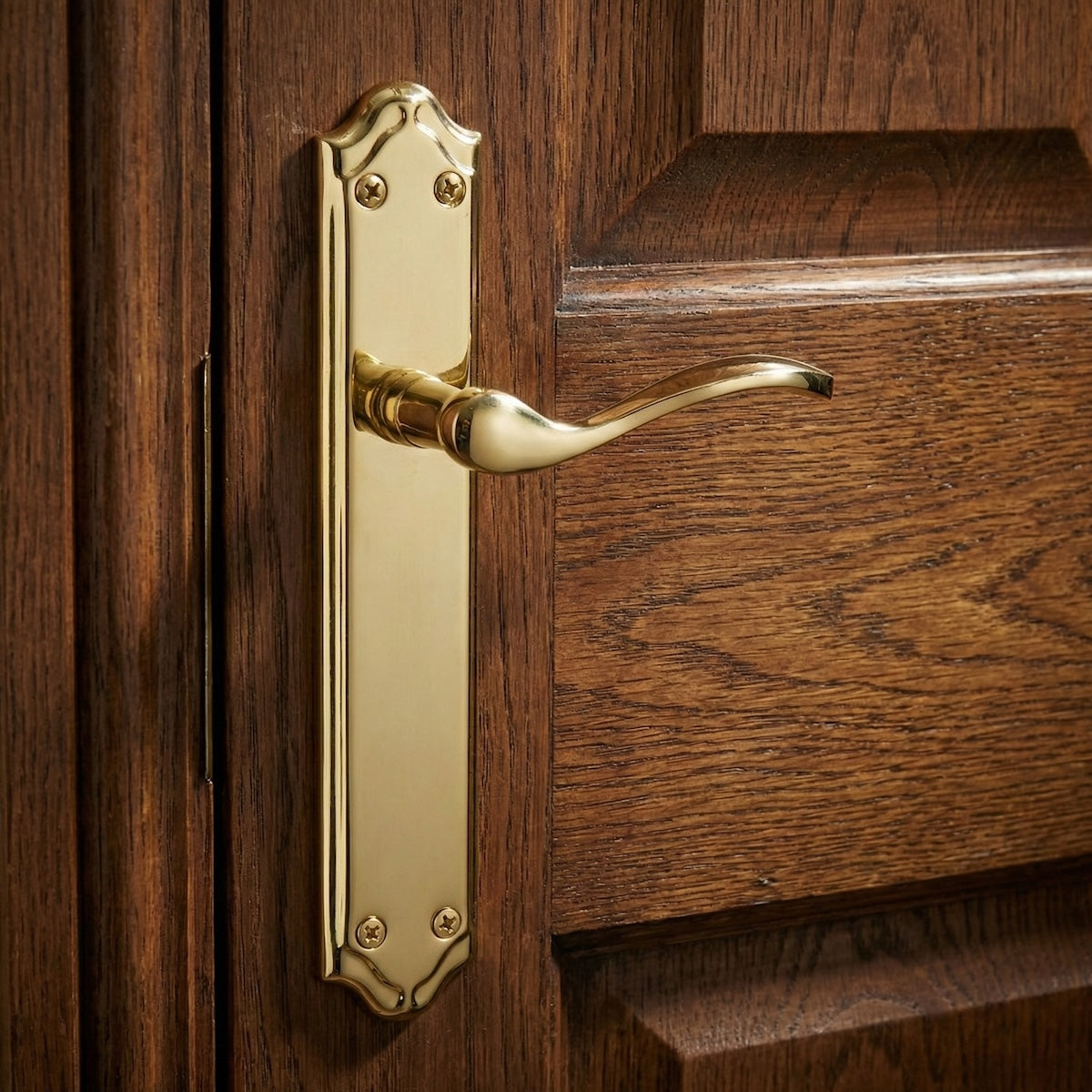 Manilla modelo LOREA PB con placa dorada brillante de aluminio para puertas
